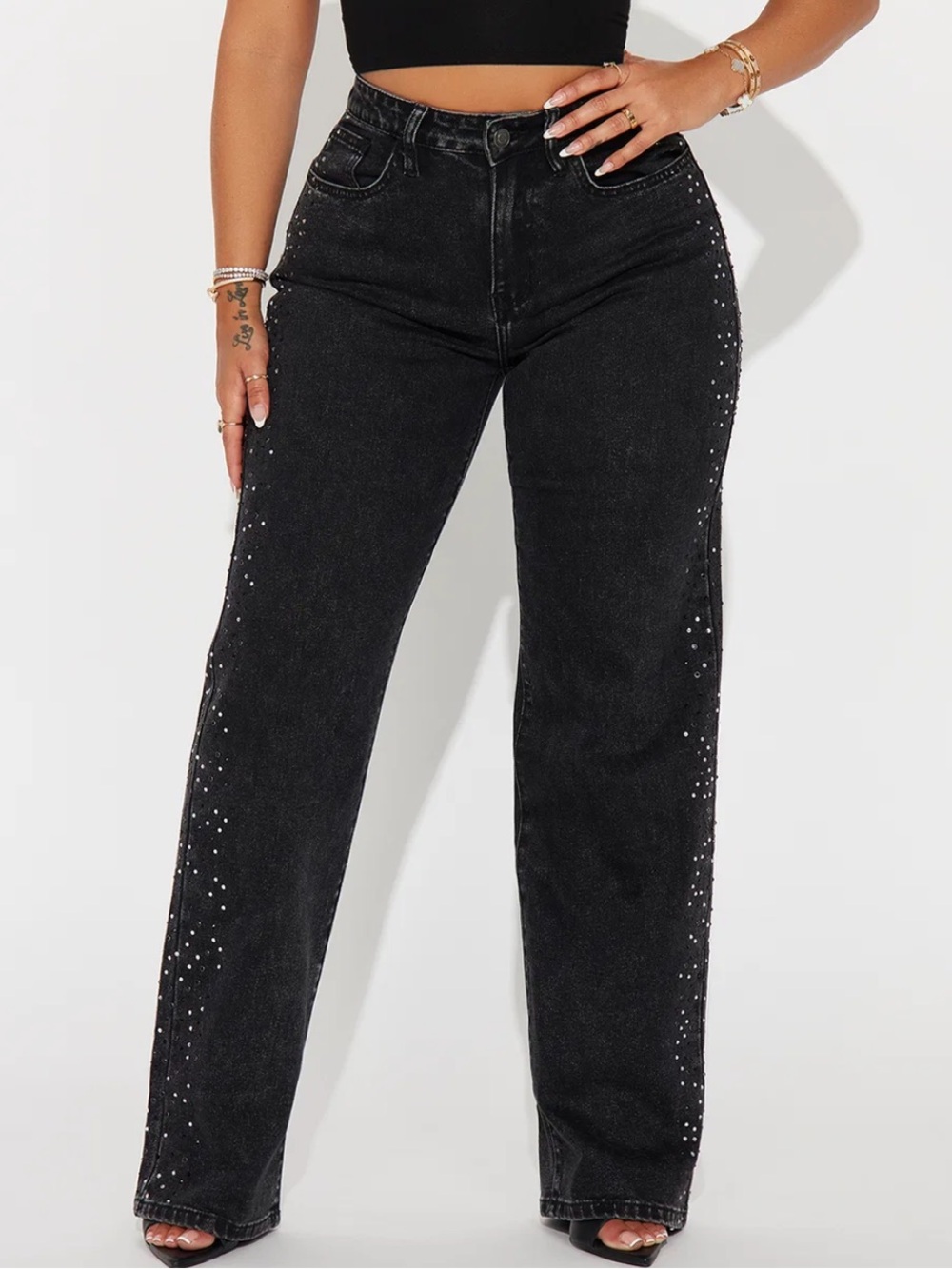 Black Wide-Leg High-Rise Jeans with Side Crystal Detail